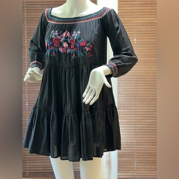 FREE PEOPLE  black with colourful embroidered boho dress. - Picture 1 of 7